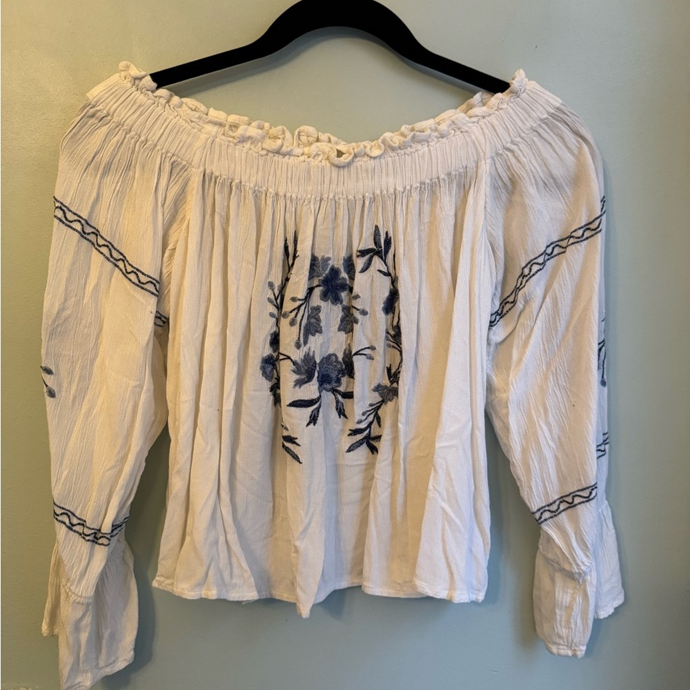 American Eagle White Blouse with Blue Embroidery